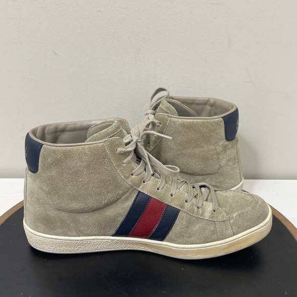 Gucci Sneakers Mens Size 8G Beige Suede Web Stripe High Top Sneakers Italy